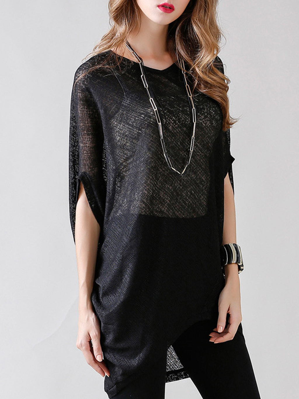 Women Loose Semi Sheered Bat Top