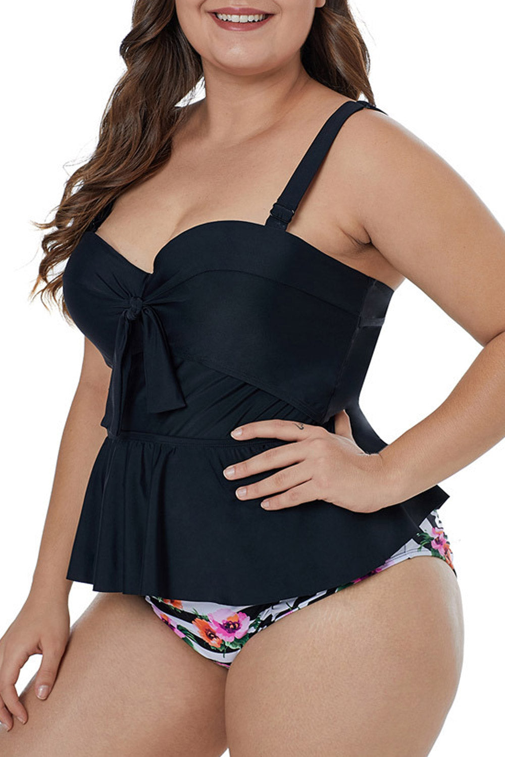 Women Two Piece Solid Top Printed Panty Swim Set