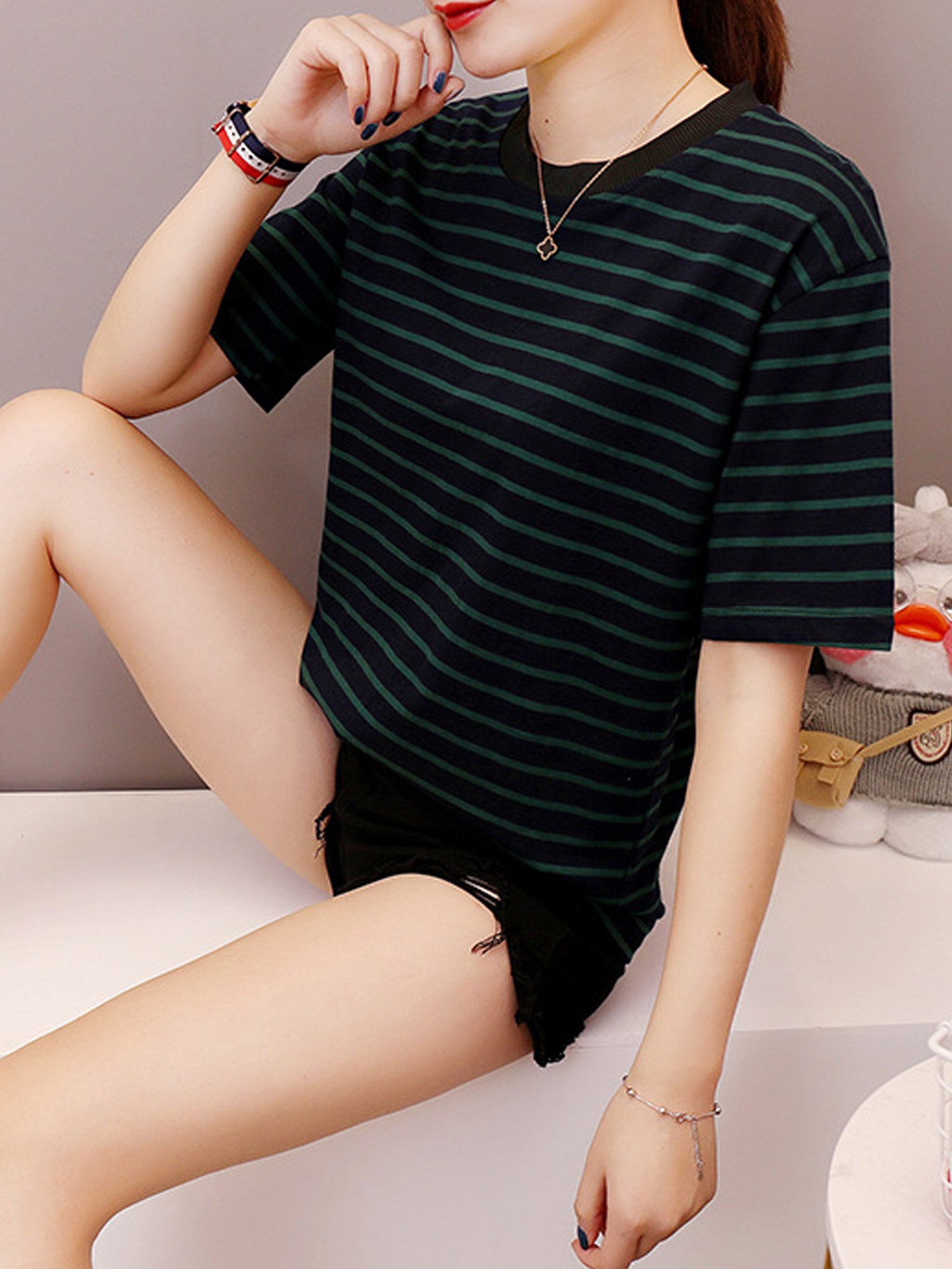 Women High Neck Sriped Comfortable T-Shirt