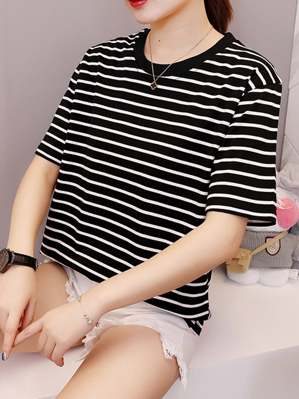 Women High Neck Sriped Comfortable T-Shirt