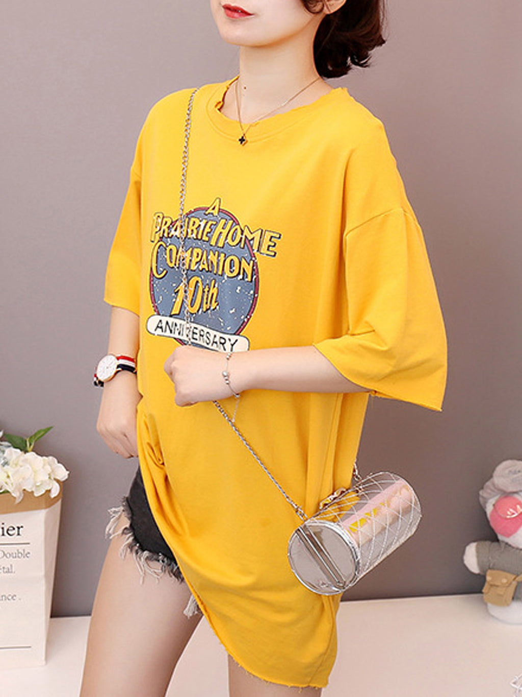 Women Loose Elbow Sleeve Graphic Casual Top