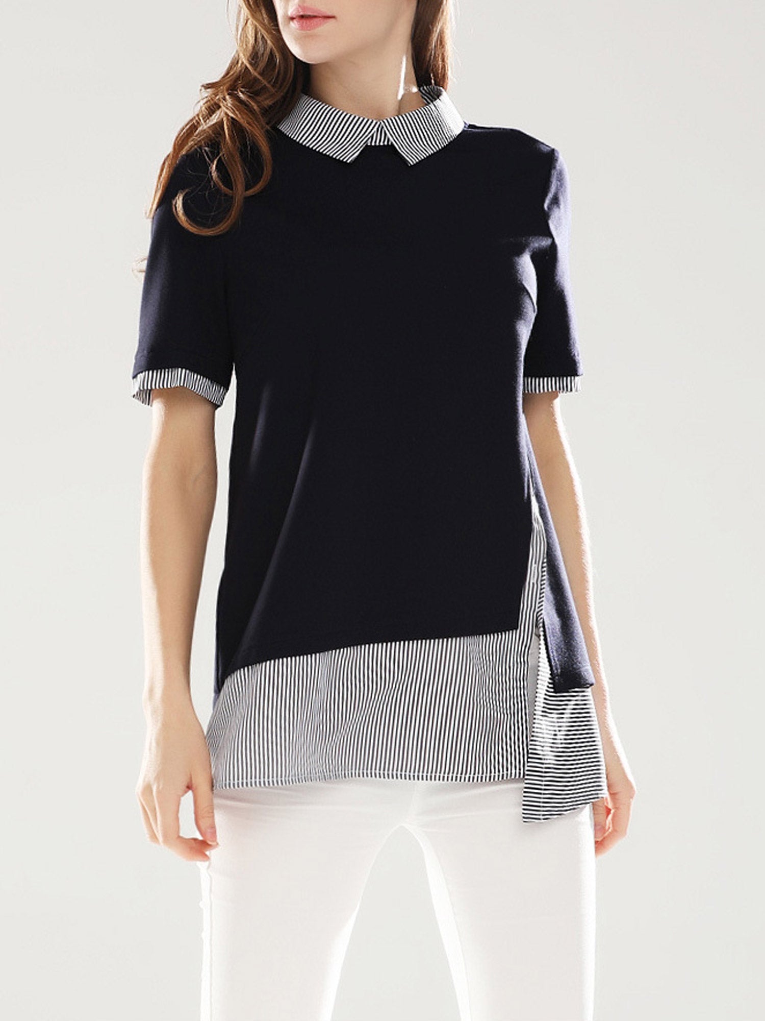 Women Striped Collar Neck Loose Top