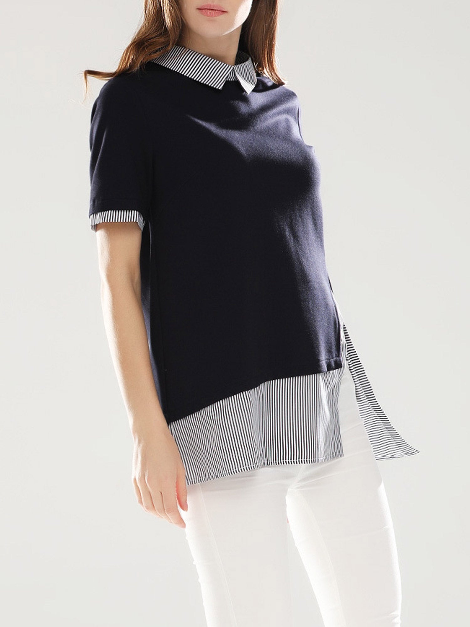 Women Striped Collar Neck Loose Top