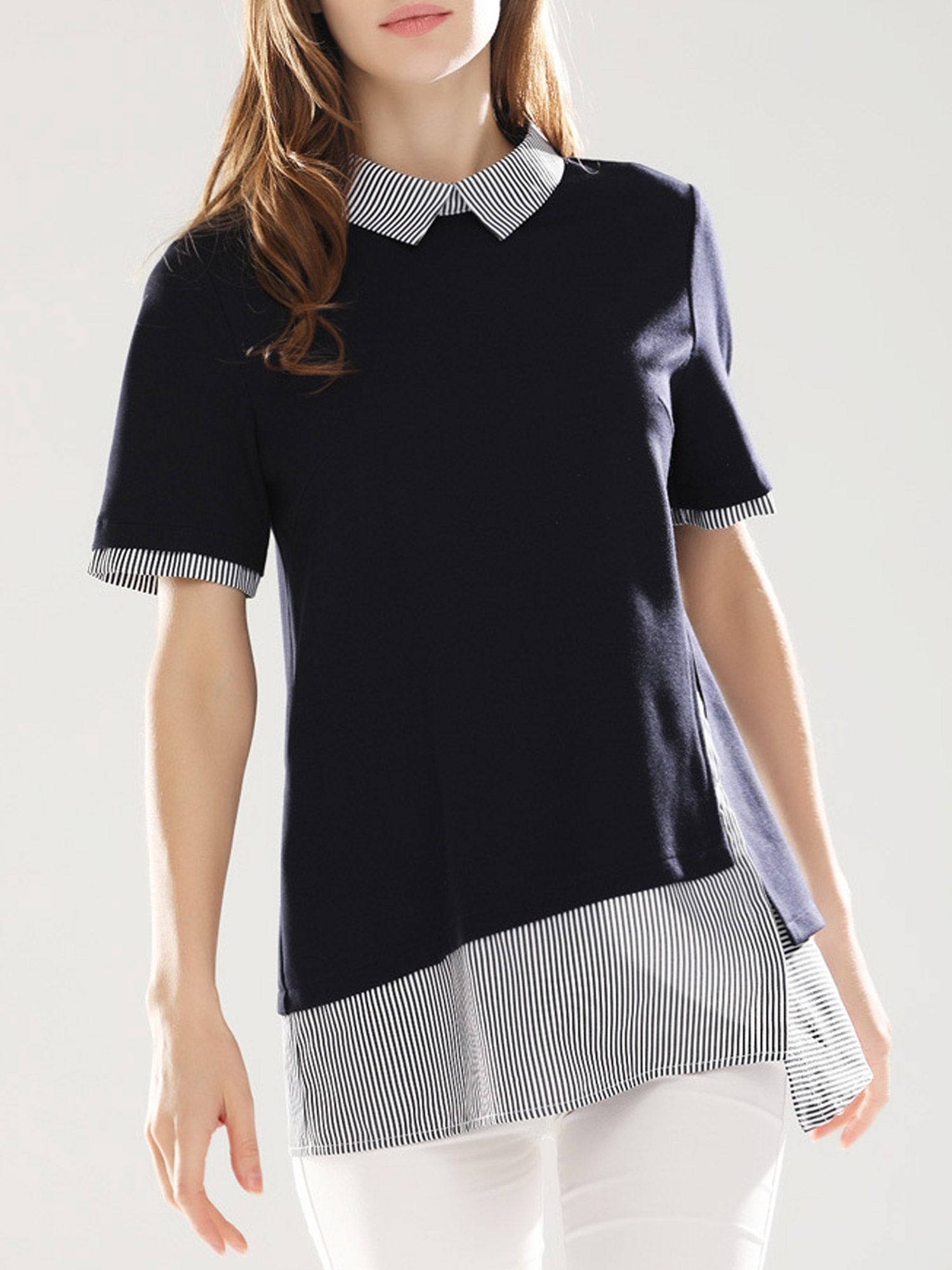 Women Striped Collar Neck Loose Top