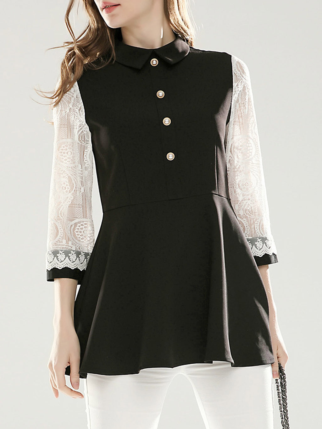 Women Collar Neck Lace Decorated Shirt