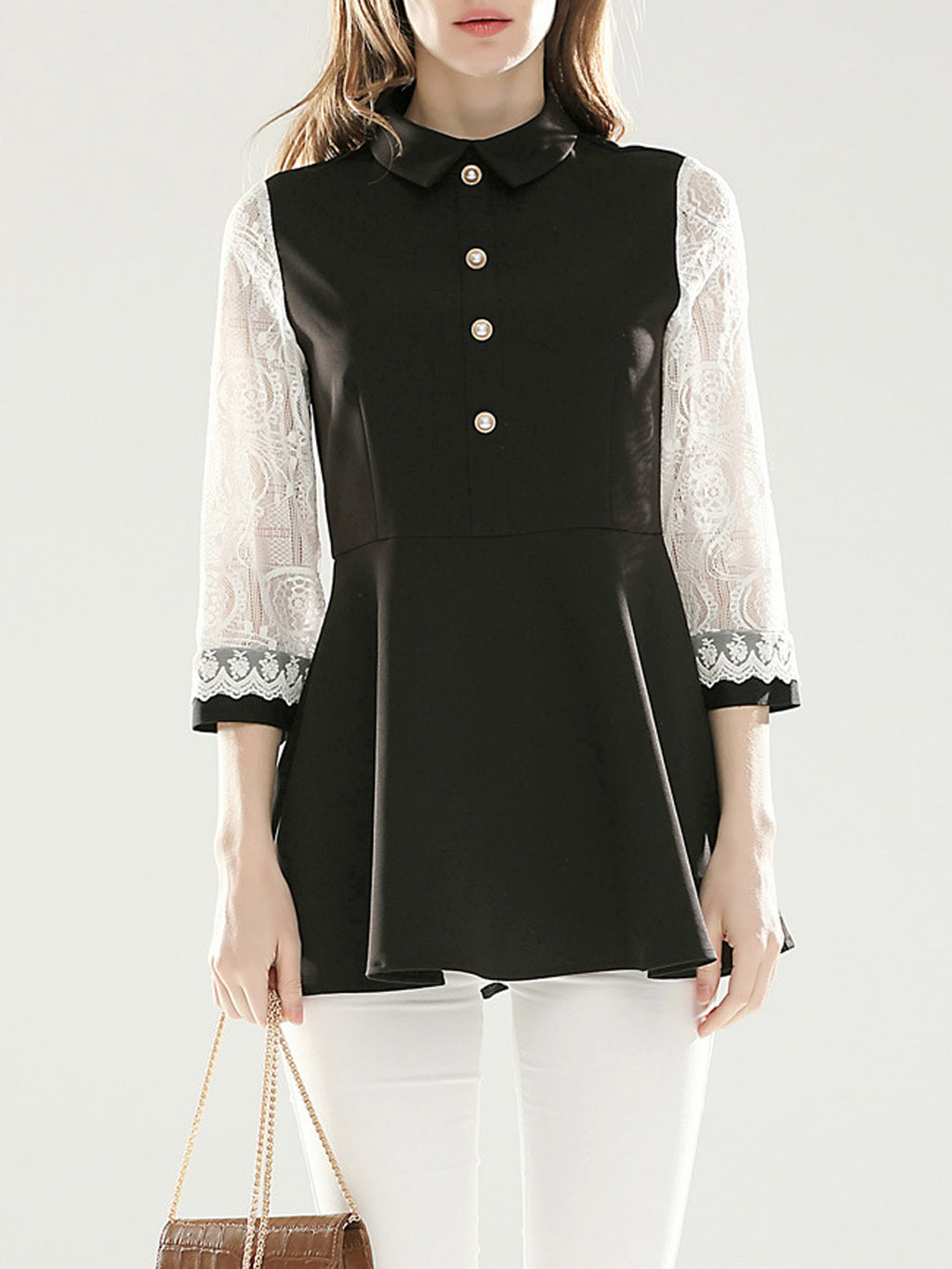 Women Collar Neck Lace Decorated Shirt