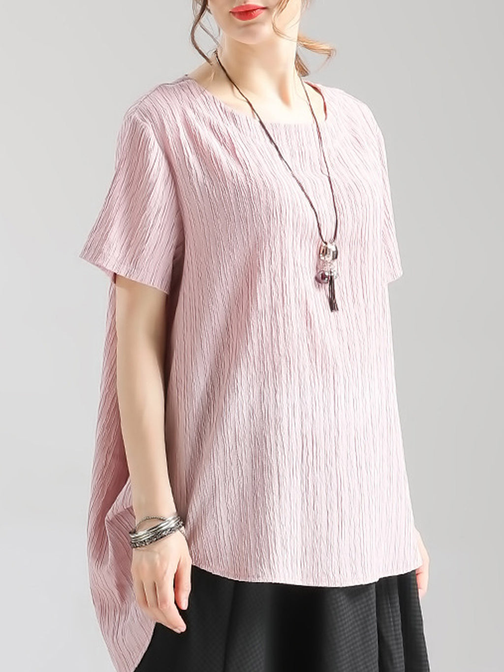 Women Round Neck High Low Hem Stylish Top