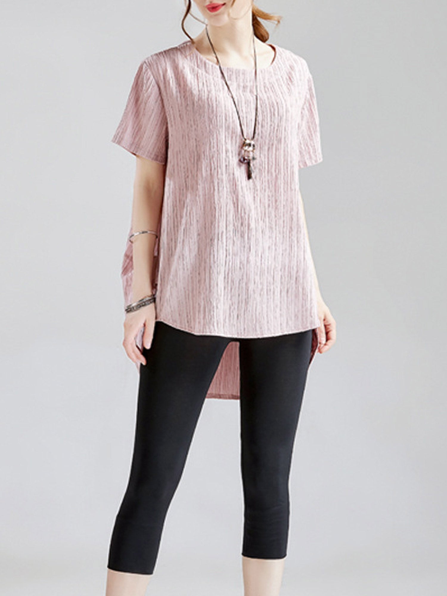 Women Round Neck High Low Hem Stylish Top