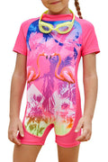 Kids Girls Short Sleeve Flamingo Printed Swimwear