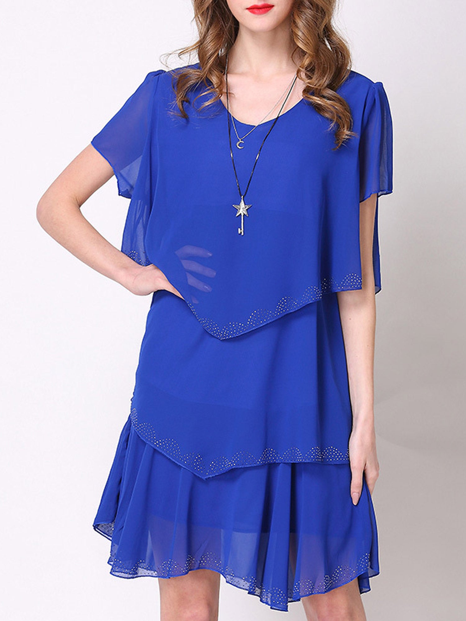 Women Fashion V-Neck Pleated Chiffon Dress