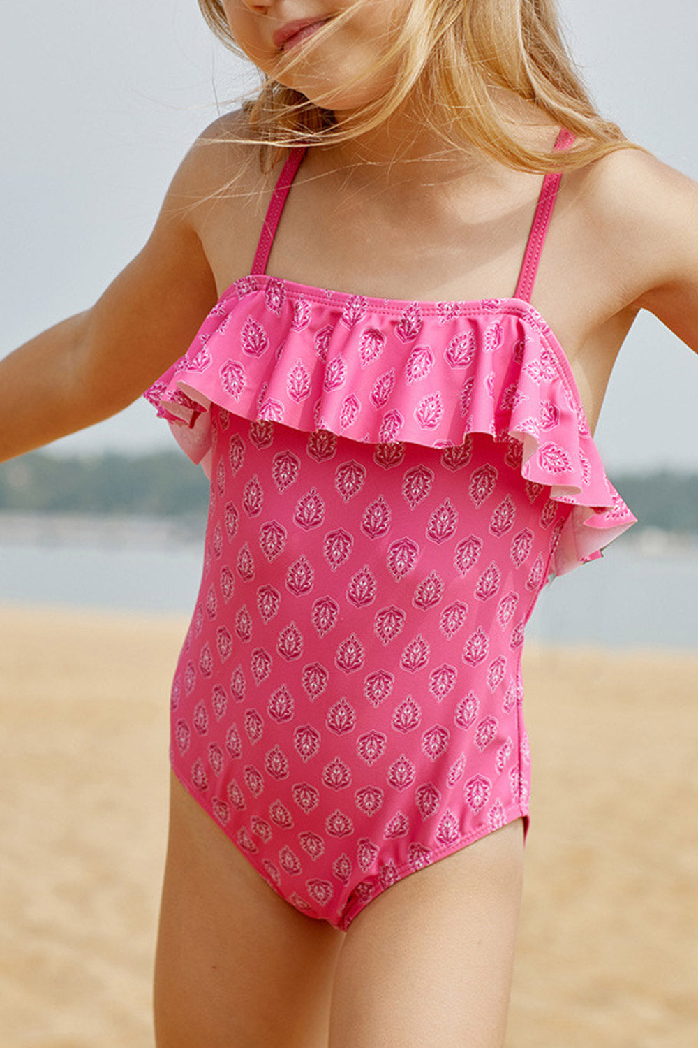 Kids Girls Ruffled Strap Neck One Piece