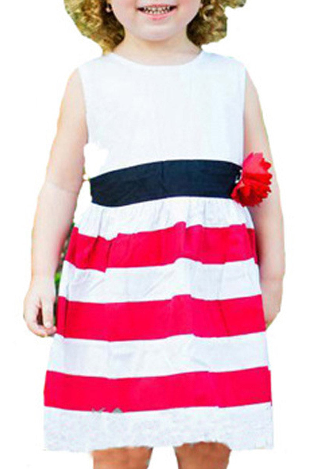 Kids Girls Zipper Back Flower Waist Striped Dress
