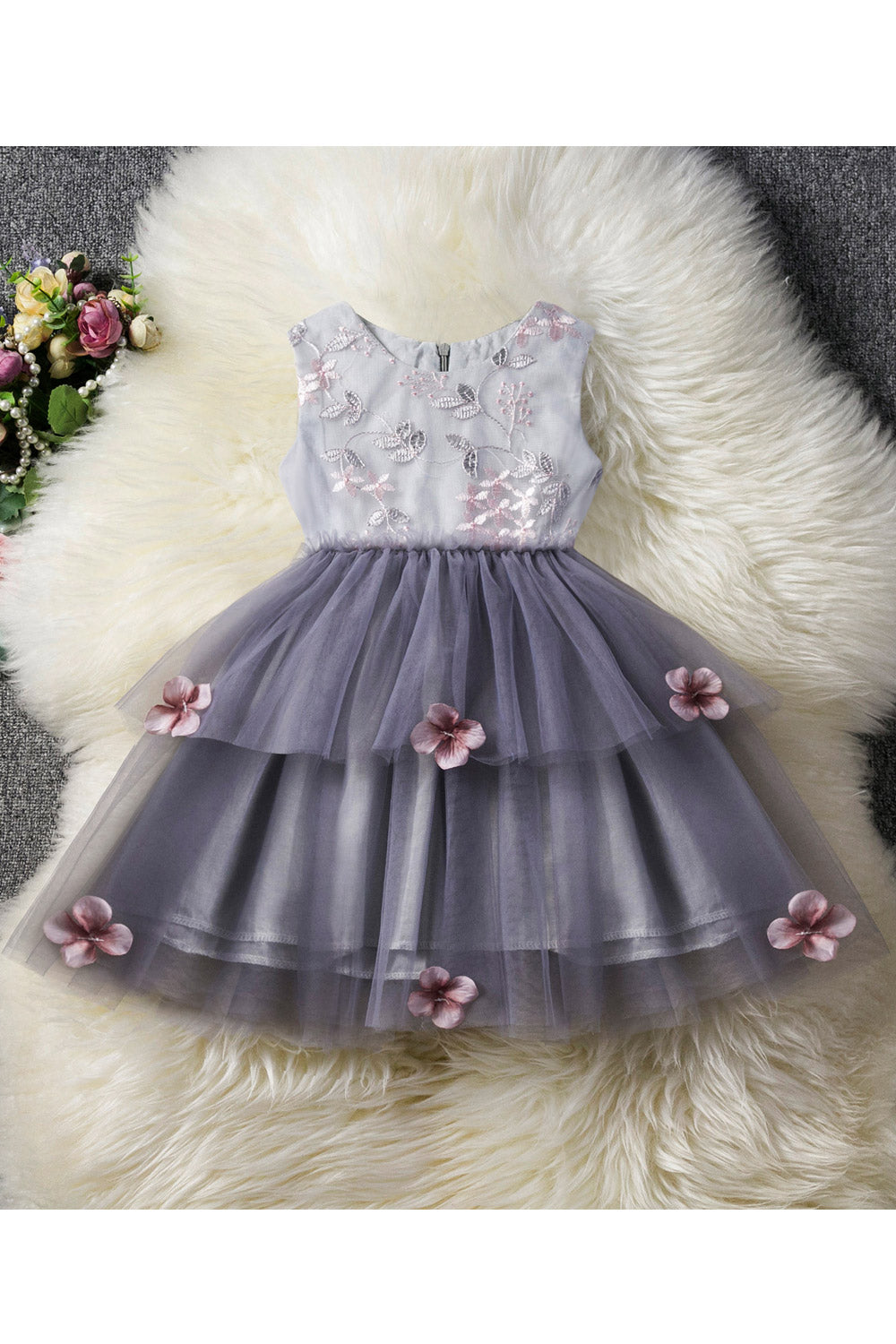 Kids Girls Embroidered Lace Mesh Skirt Fancy Dress