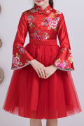 Kids Girls Flower Printed Bell Sleeve Party Dress