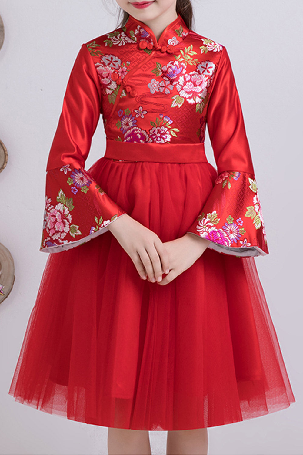 Kids Girls Flower Printed Bell Sleeve Party Dress