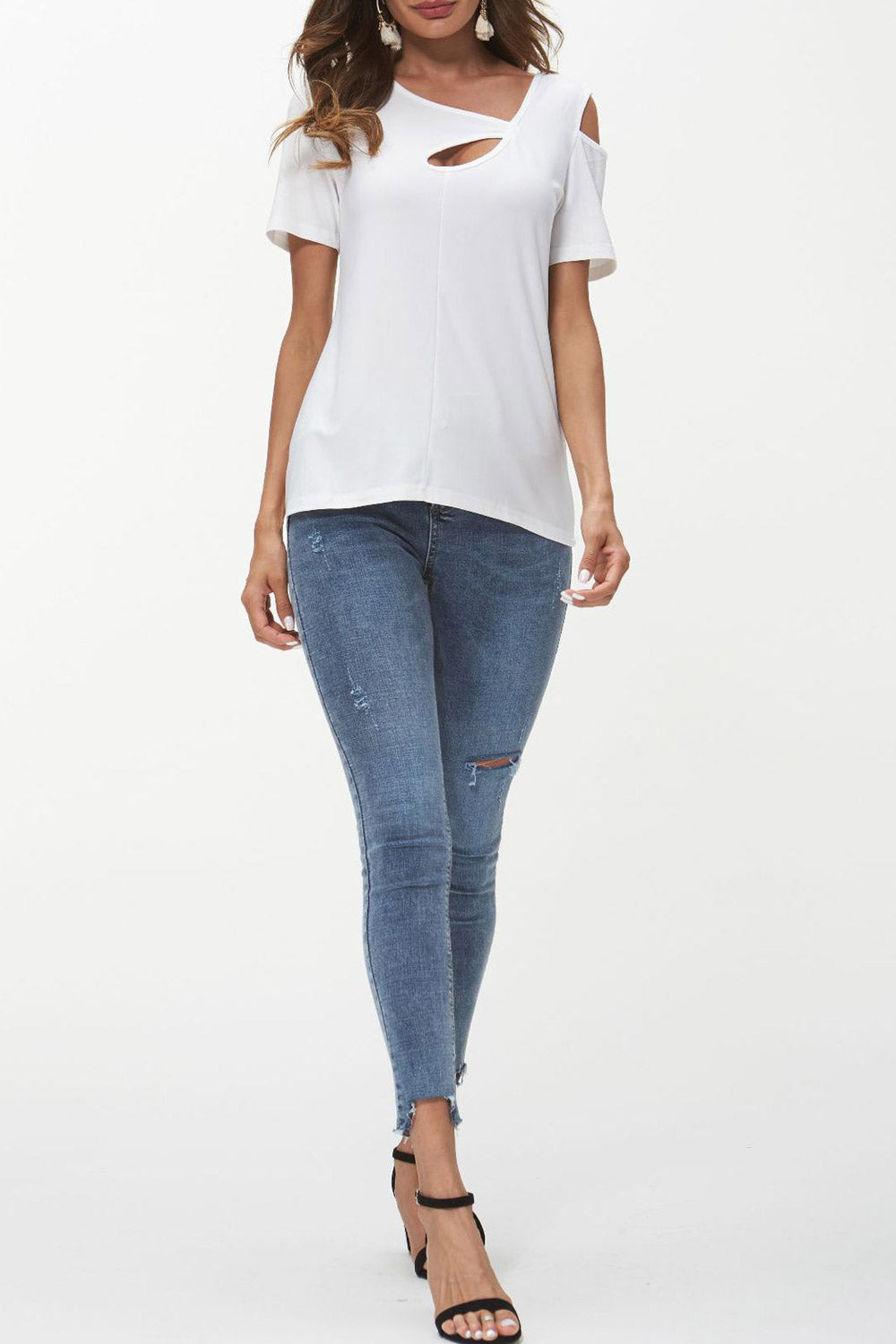 Women Keyhole Neck Solid Pattern Fashion Top