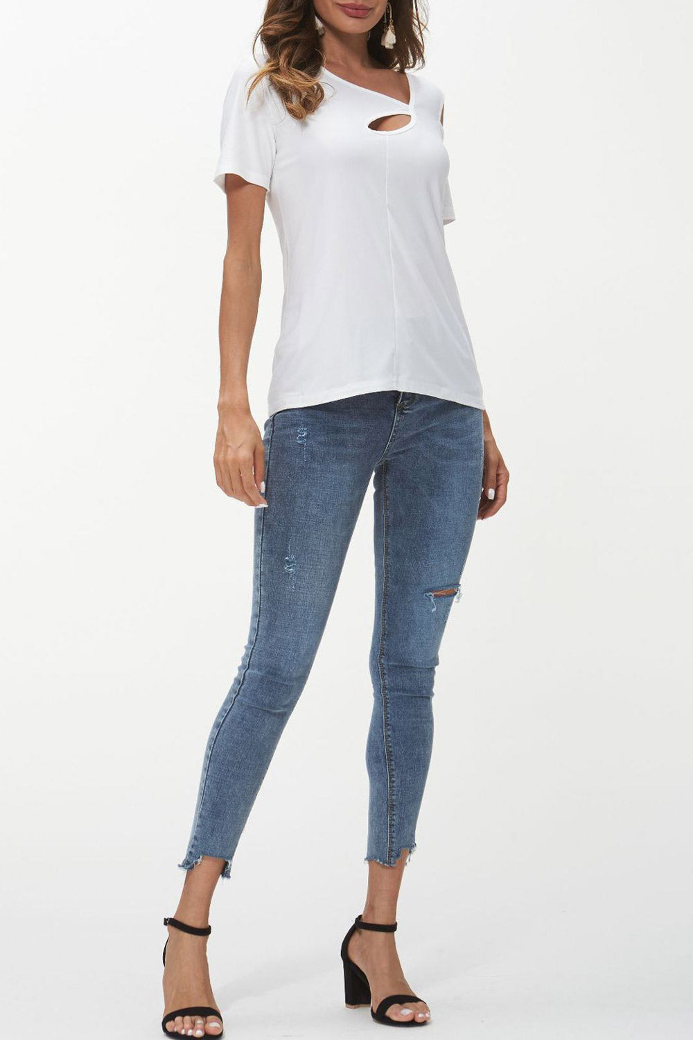 Women Keyhole Neck Solid Pattern Fashion Top