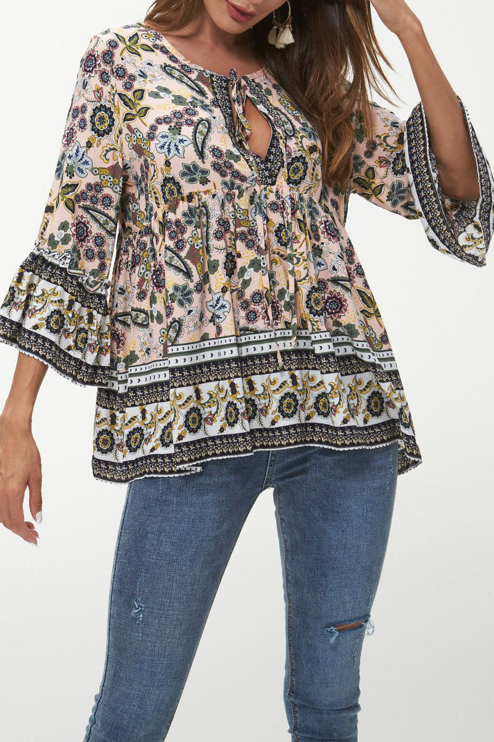 Women Printed Attractive Keyhole Bell Sleeve Top