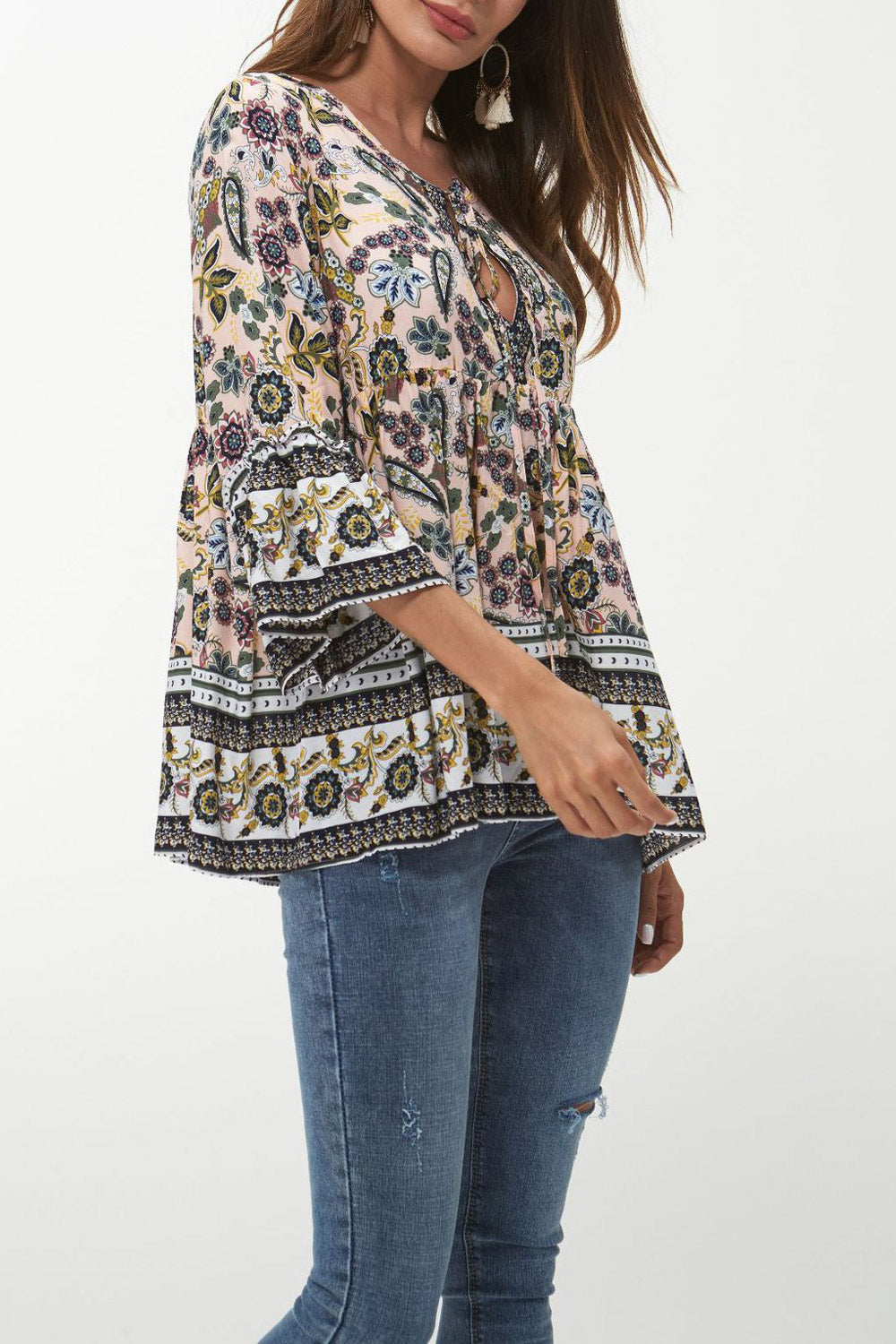 Women Printed Attractive Keyhole Bell Sleeve Top