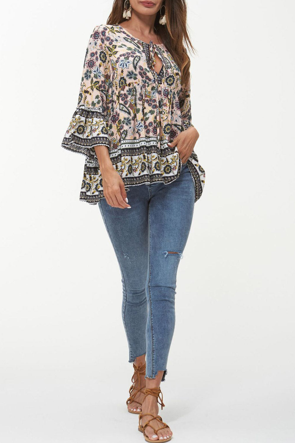 Women Printed Attractive Keyhole Bell Sleeve Top