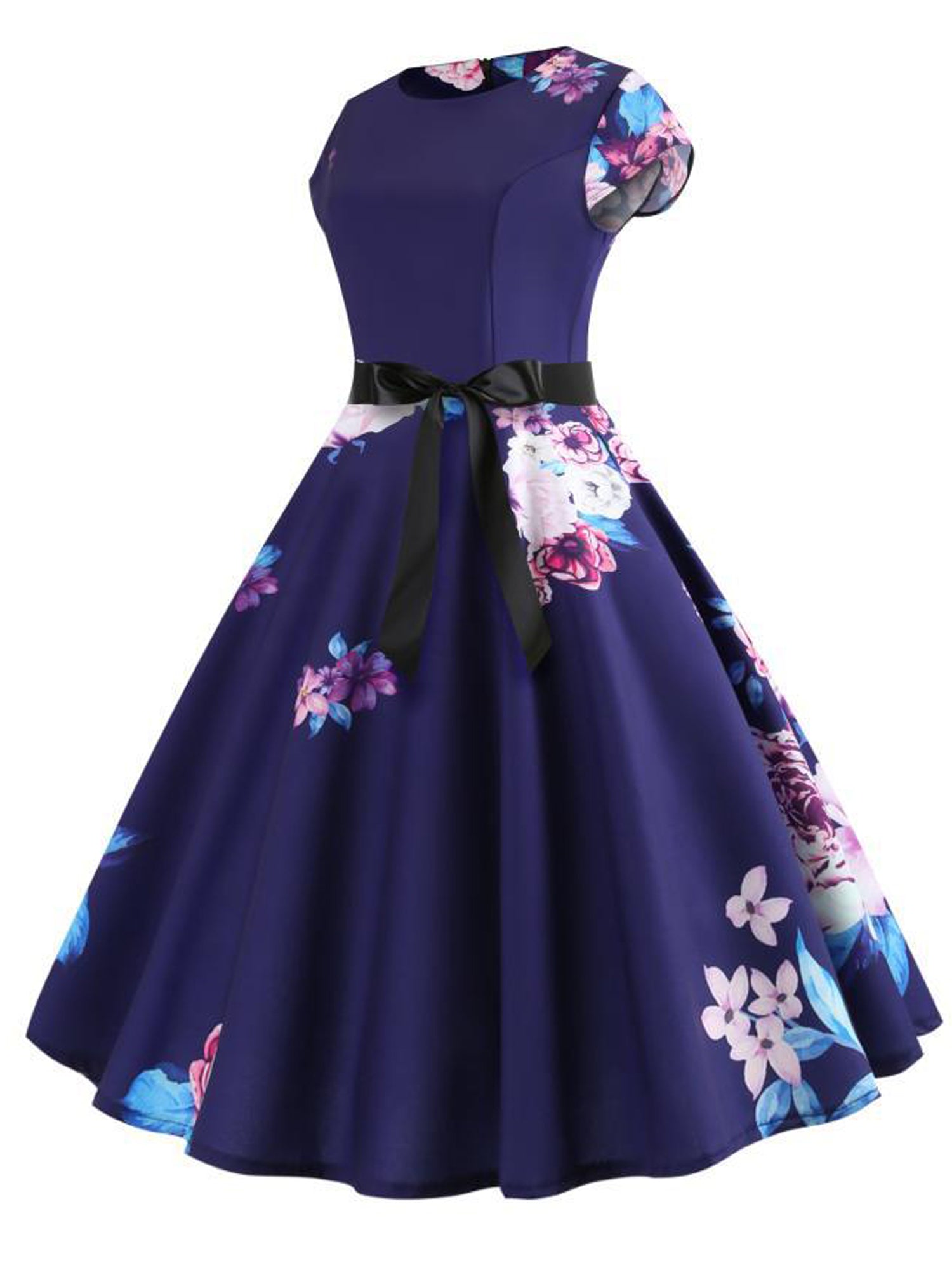 Women Printed Pattern Round Neck Slim Fit Dress