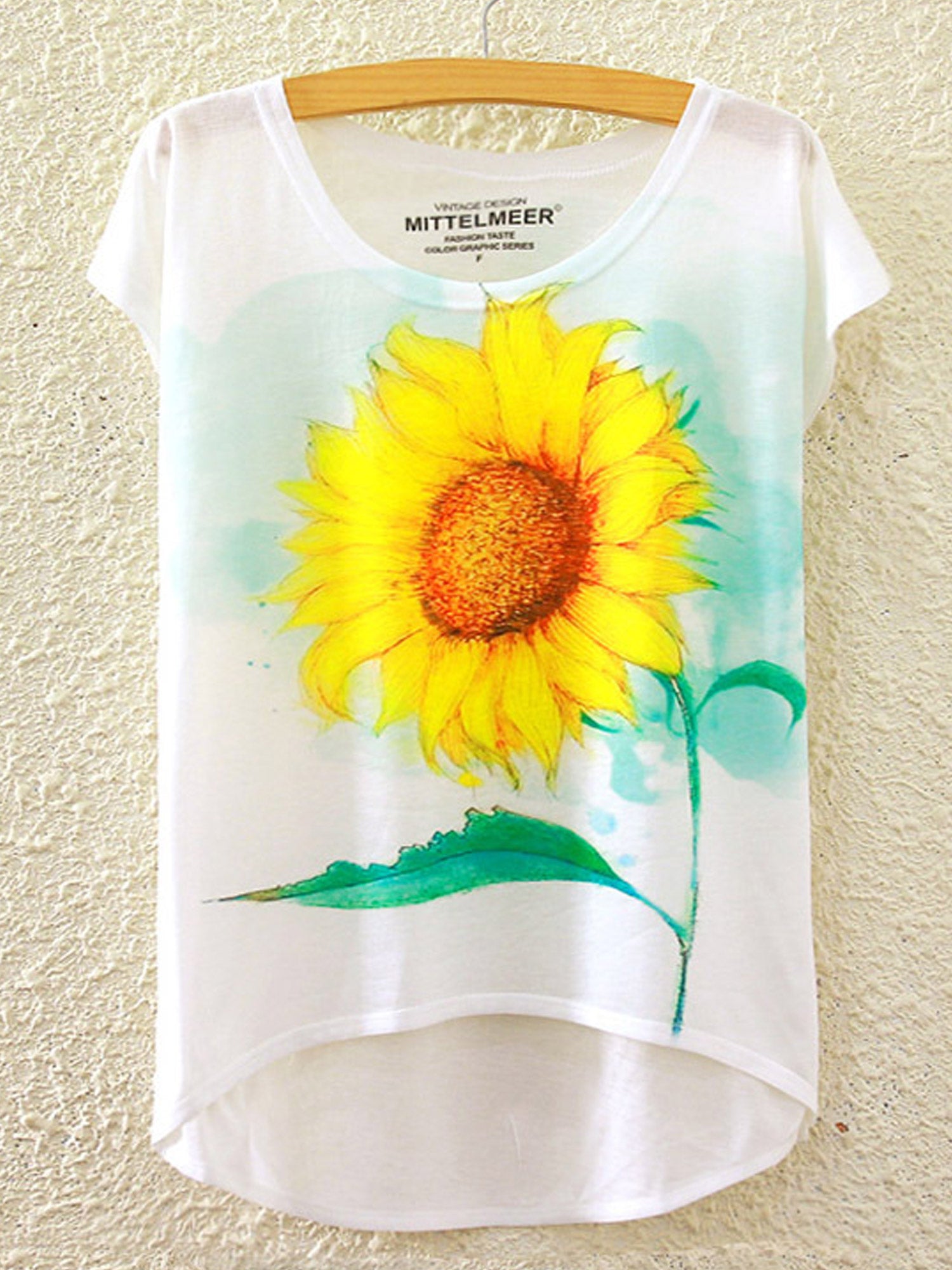 Women Round Neck Sun Flower Loose T-Shirt