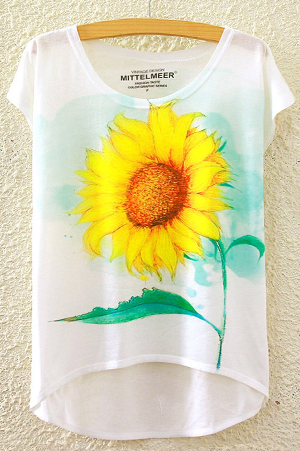 Women Round Neck Sun Flower Loose T-Shirt