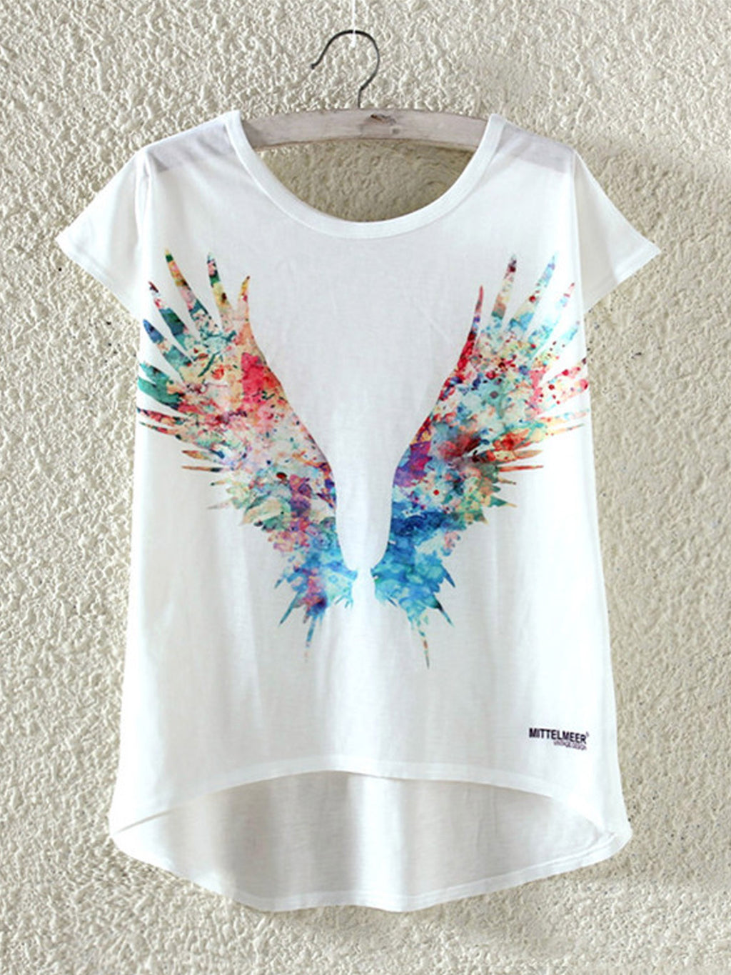 Women Wings Printed Irregular Hem Casual T-Shirt
