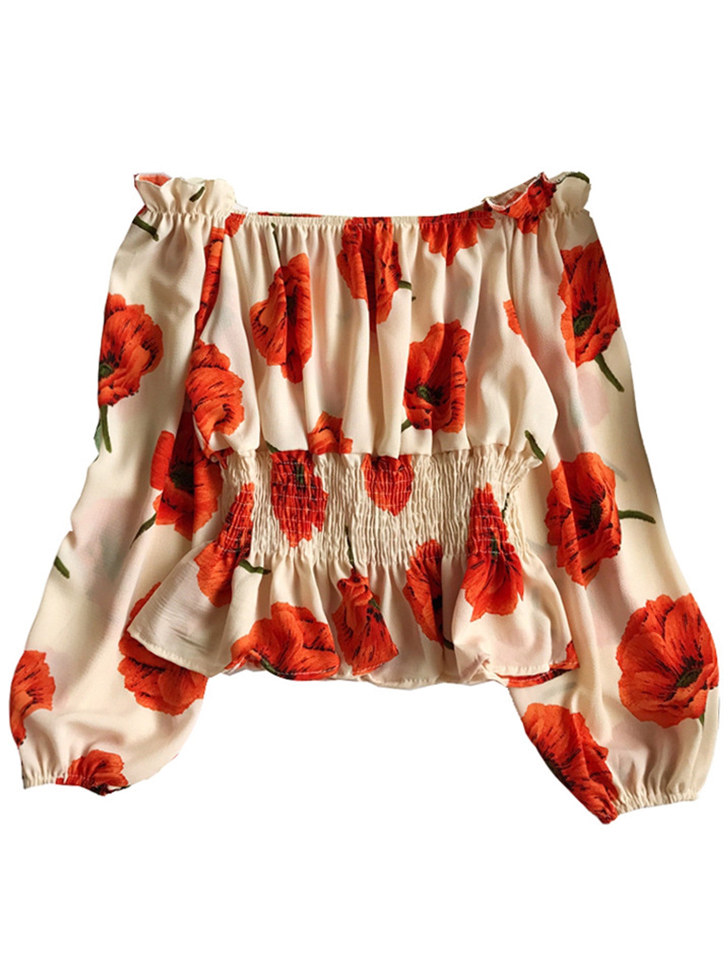 Women Empire Waist Flower Pattern Chiffon Top