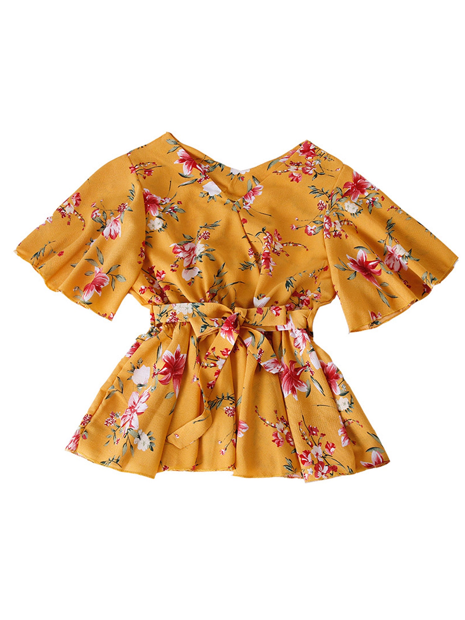 Women Floral V-Neck TIe Waist Chiffon Top