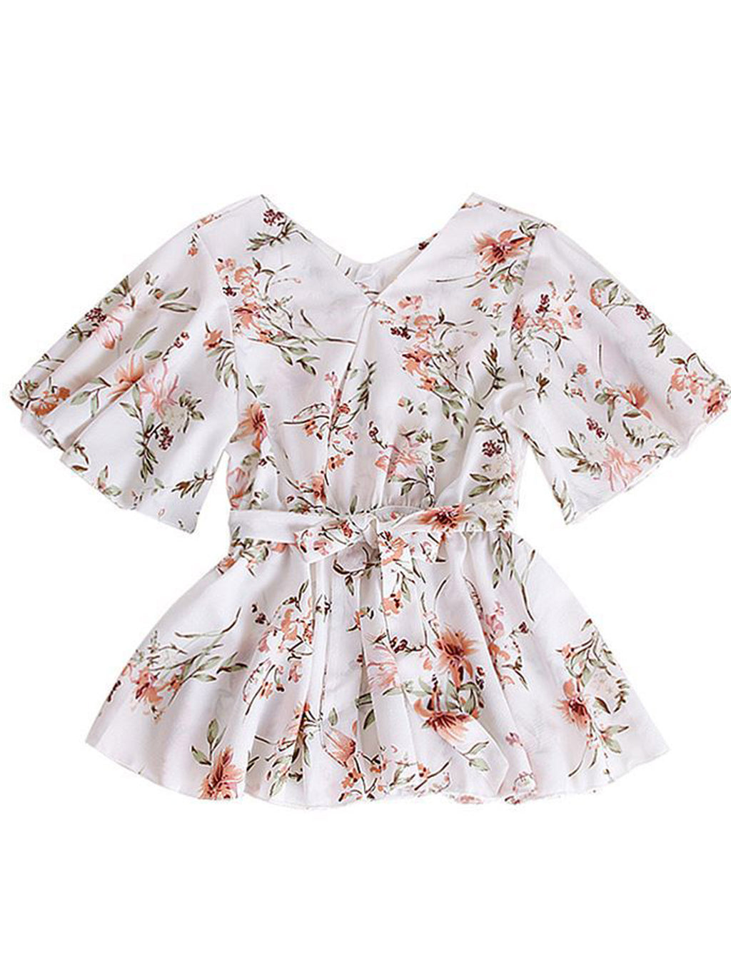 Women Floral V-Neck TIe Waist Chiffon Top
