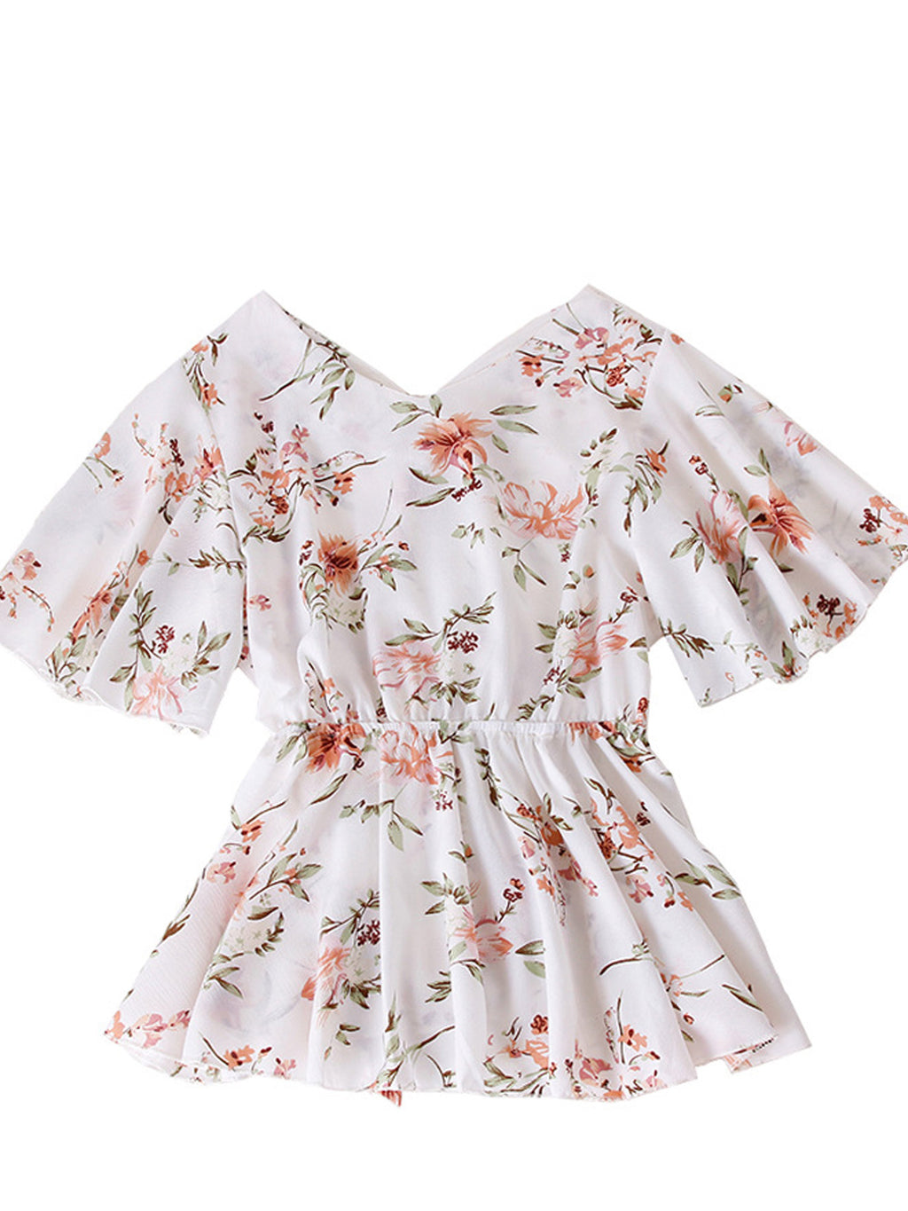 Women Floral V-Neck TIe Waist Chiffon Top