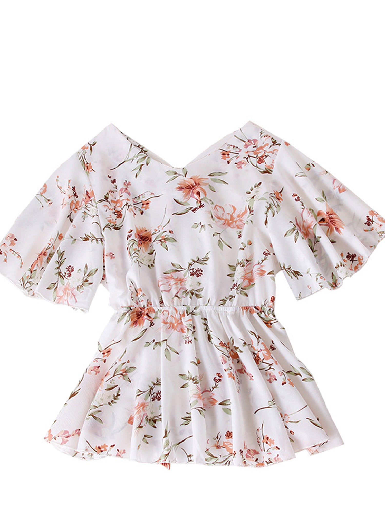 Women Floral V-Neck TIe Waist Chiffon Top