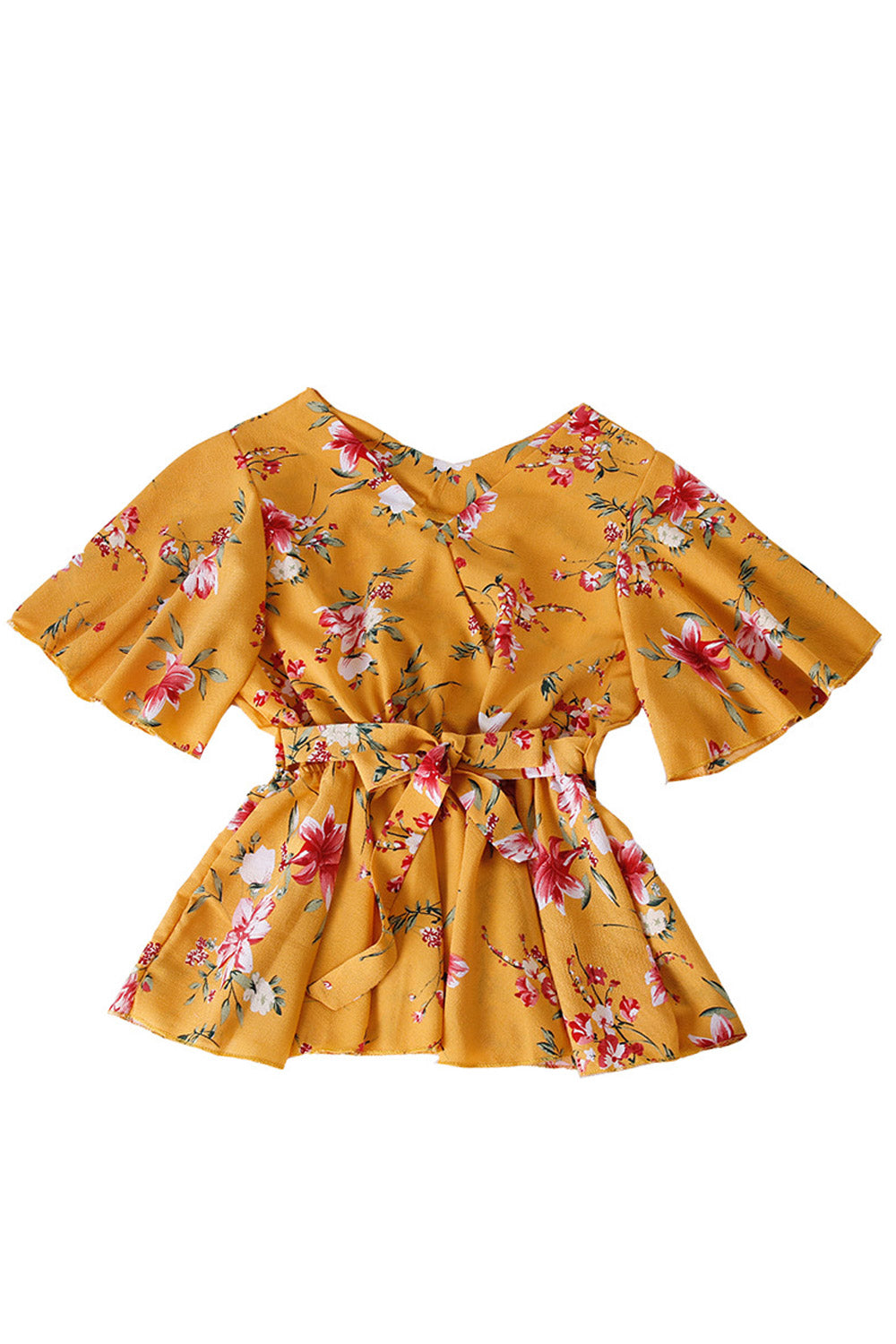 Women Floral V-Neck TIe Waist Chiffon Top