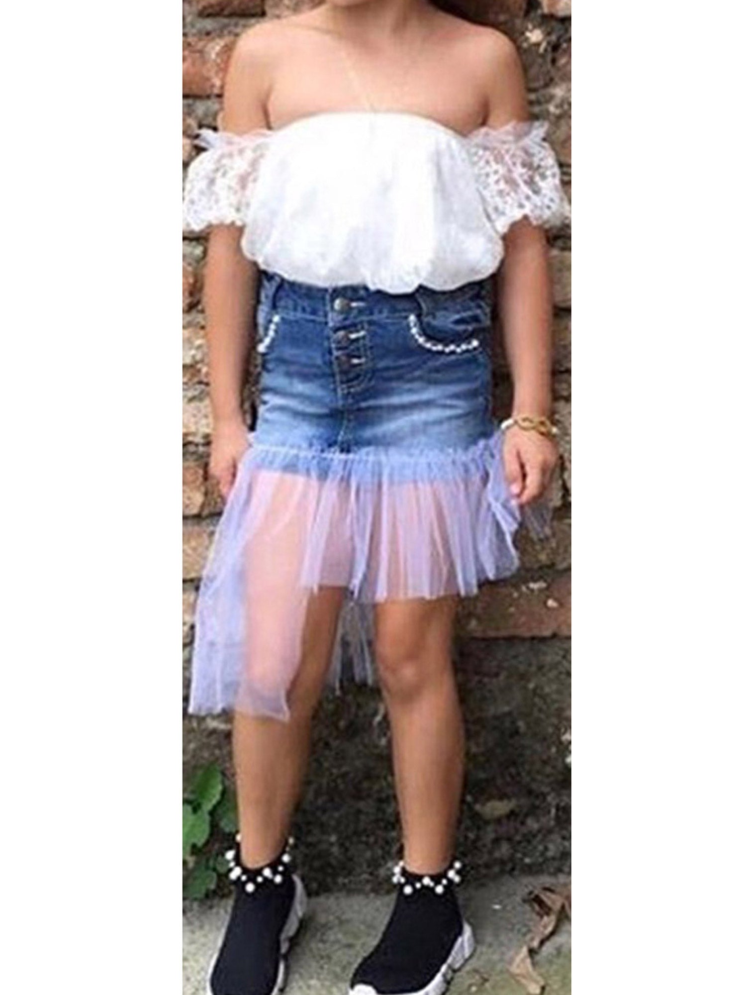 Kids Girls Off Neck Top Denim Short Two Piece Suit
