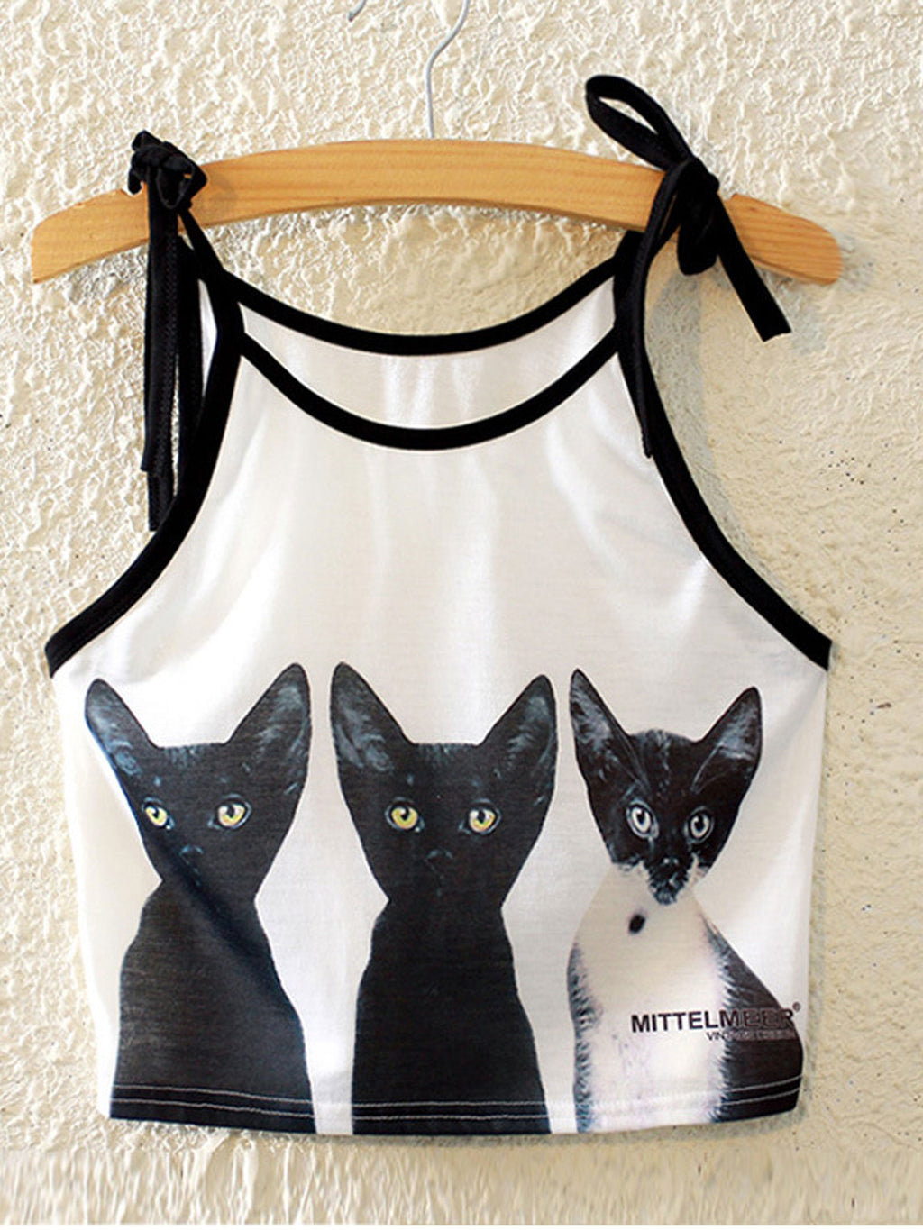 Women Cat Printed Tie Shouder Soft Feel Top