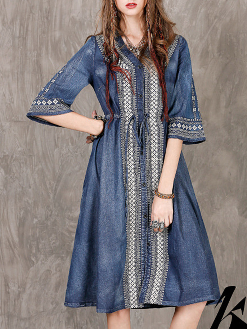 Women Drawstring Waist Embroidered Denim Dress