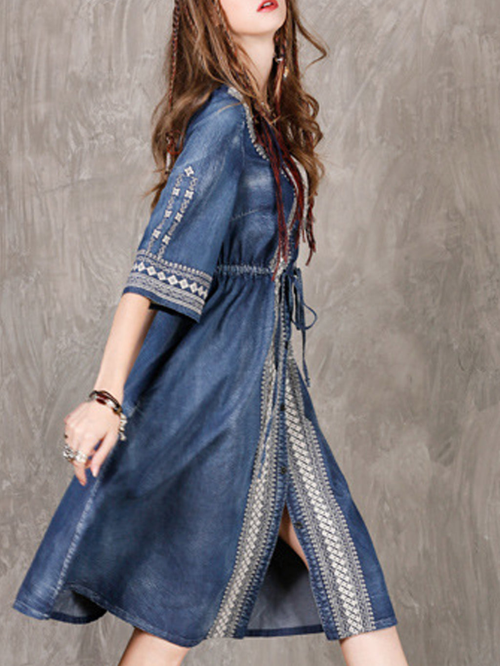 Women Drawstring Waist Embroidered Denim Dress
