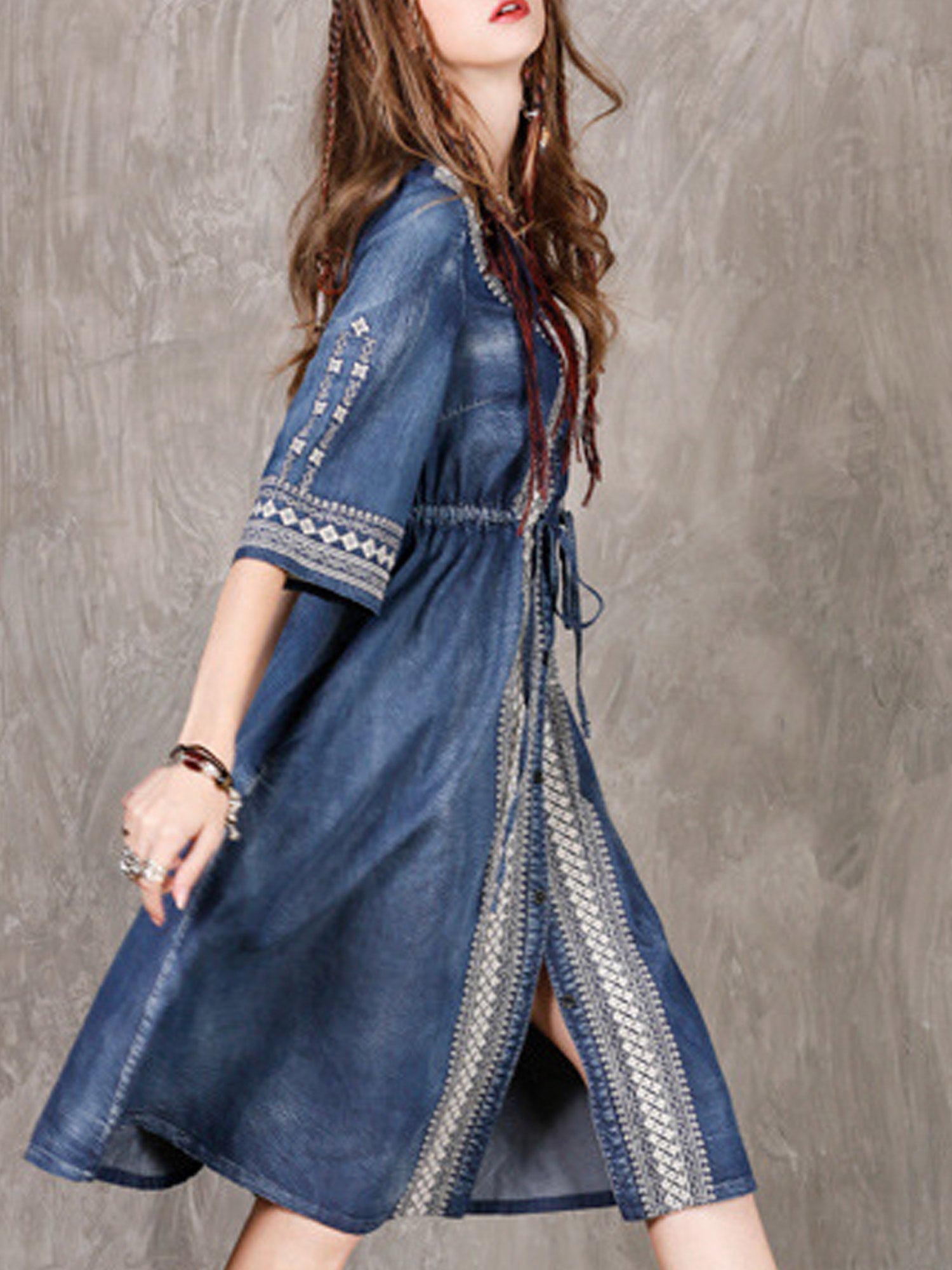 Women Drawstring Waist Embroidered Denim Dress