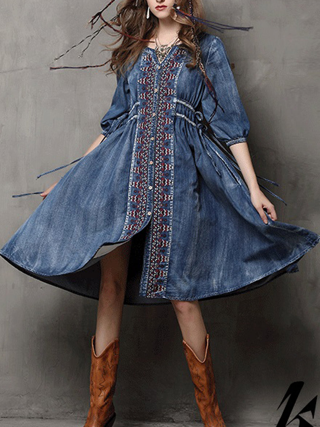 Women Embroidered Front Elbow Sleeve Denim Dress