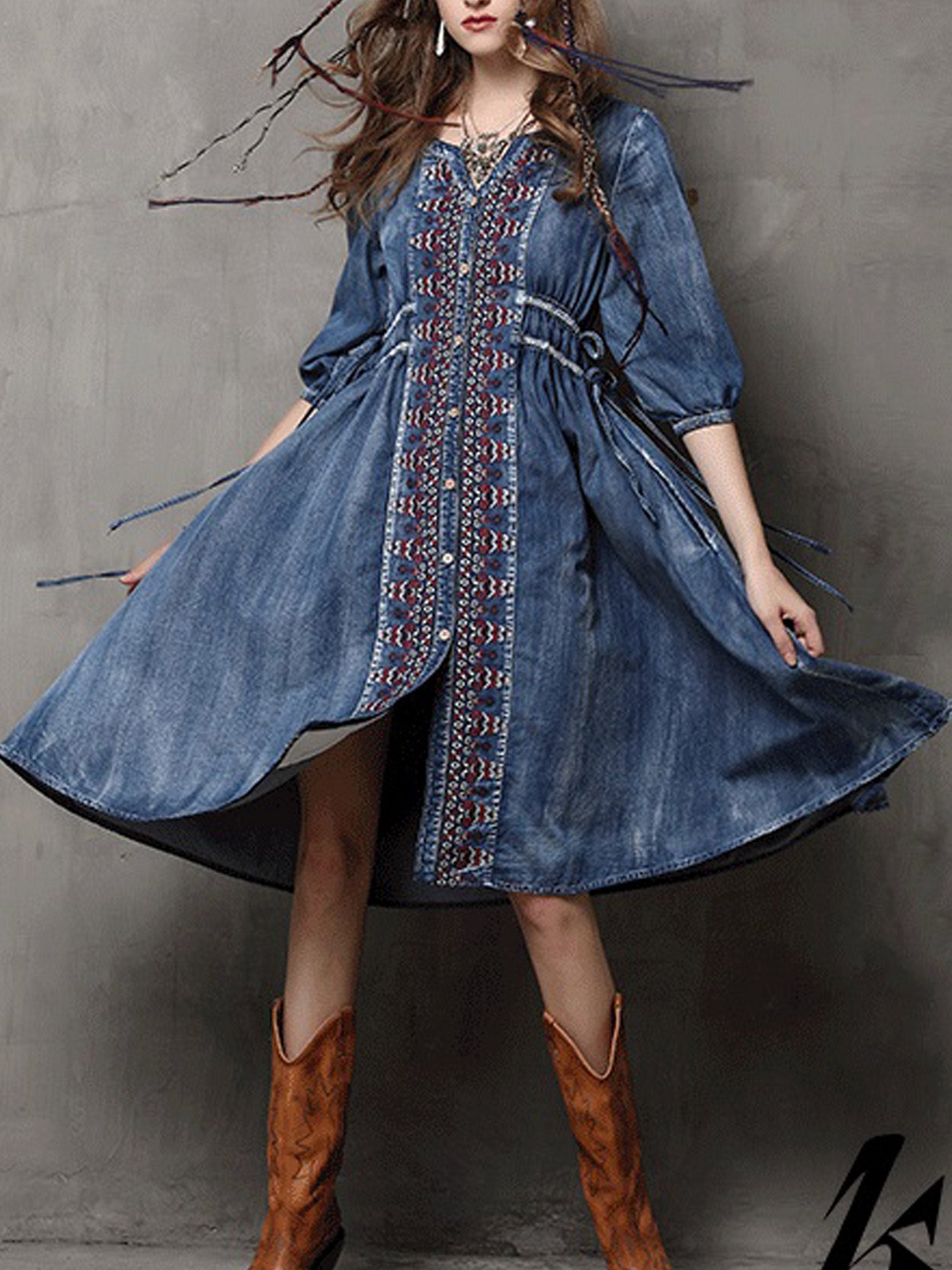 Women Embroidered Front Elbow Sleeve Denim Dress