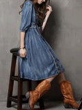 Women Embroidered Front Elbow Sleeve Denim Dress