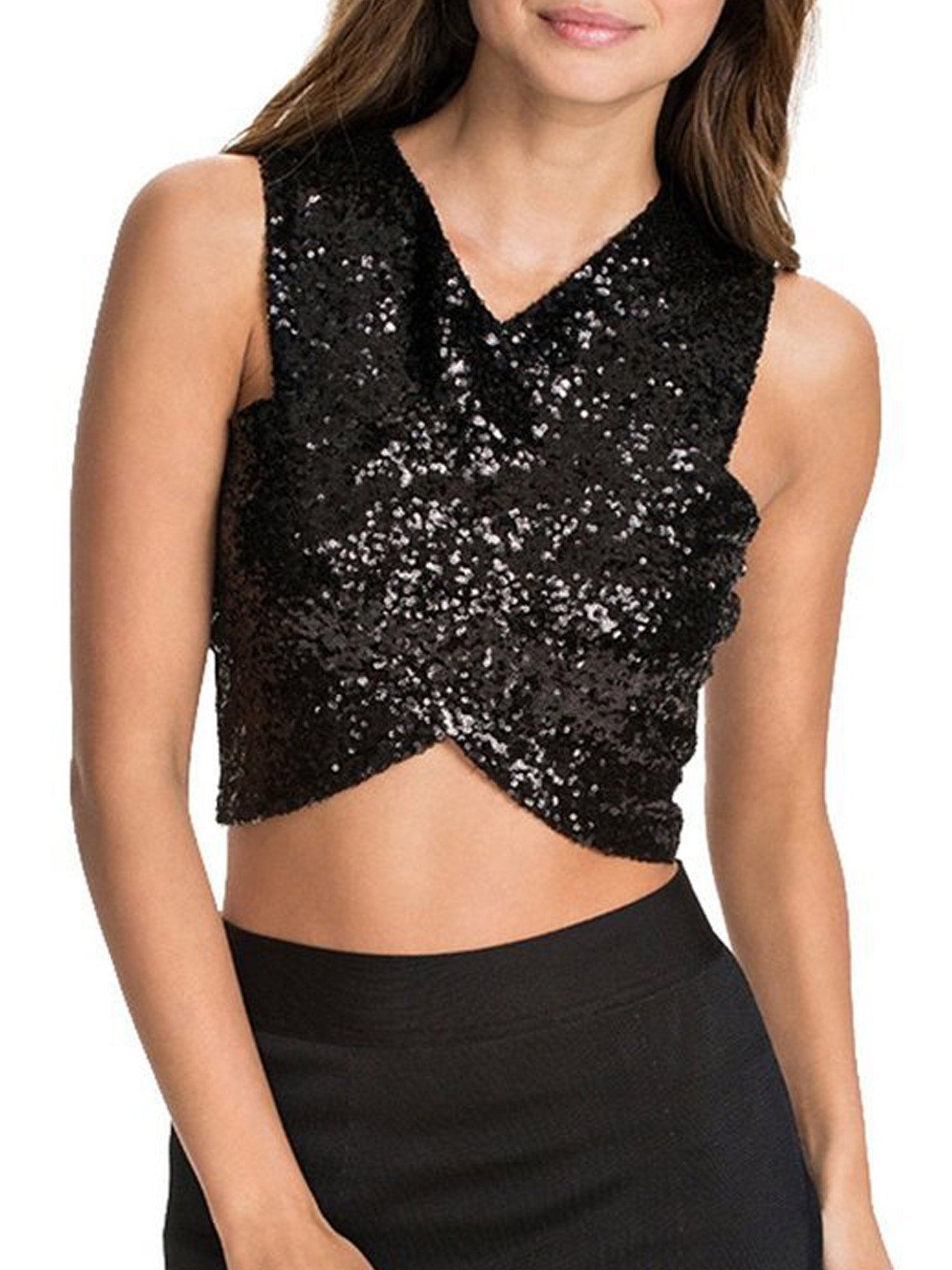 Women Wrap Style Sequin Slim Body Top