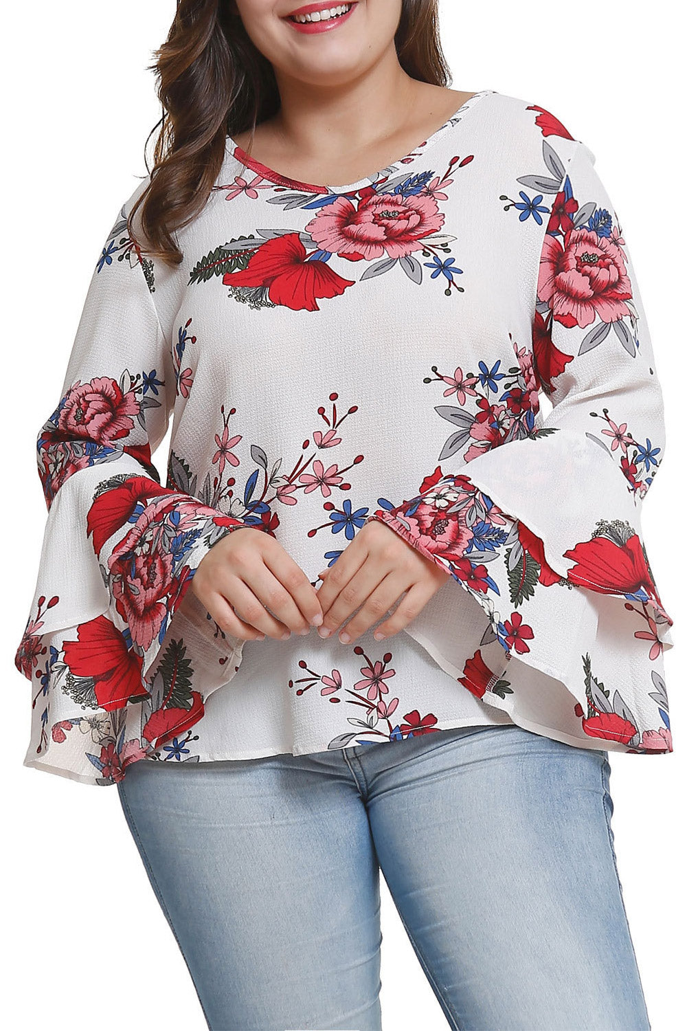 Women Printed Chiffon Trumpet Sleeve Top