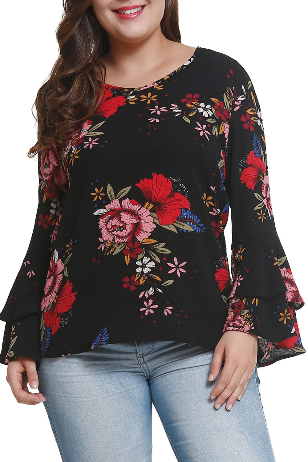 Women Printed Chiffon Trumpet Sleeve Top
