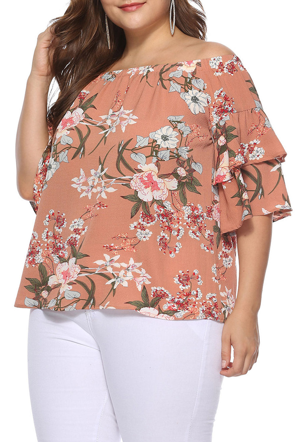 Women Off Neck Printed Chiffon Loose Top