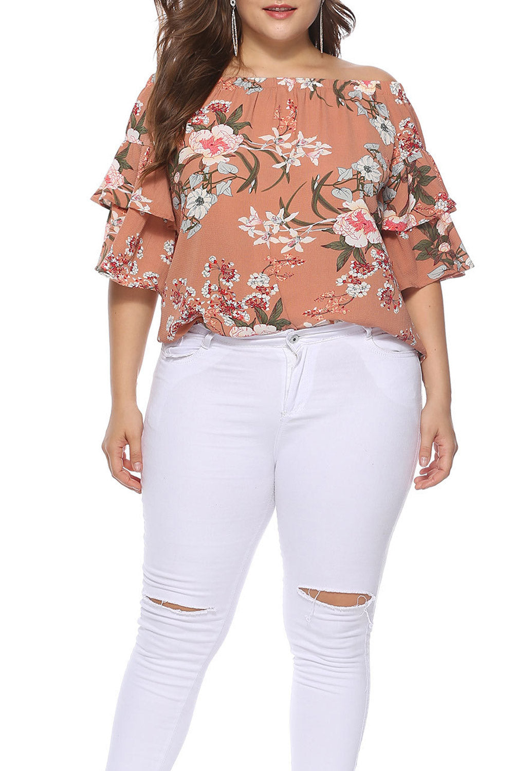 Women Off Neck Printed Chiffon Loose Top