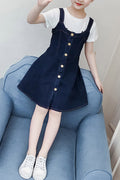 Kids Girls Round Button Down Skirt Casual Dress