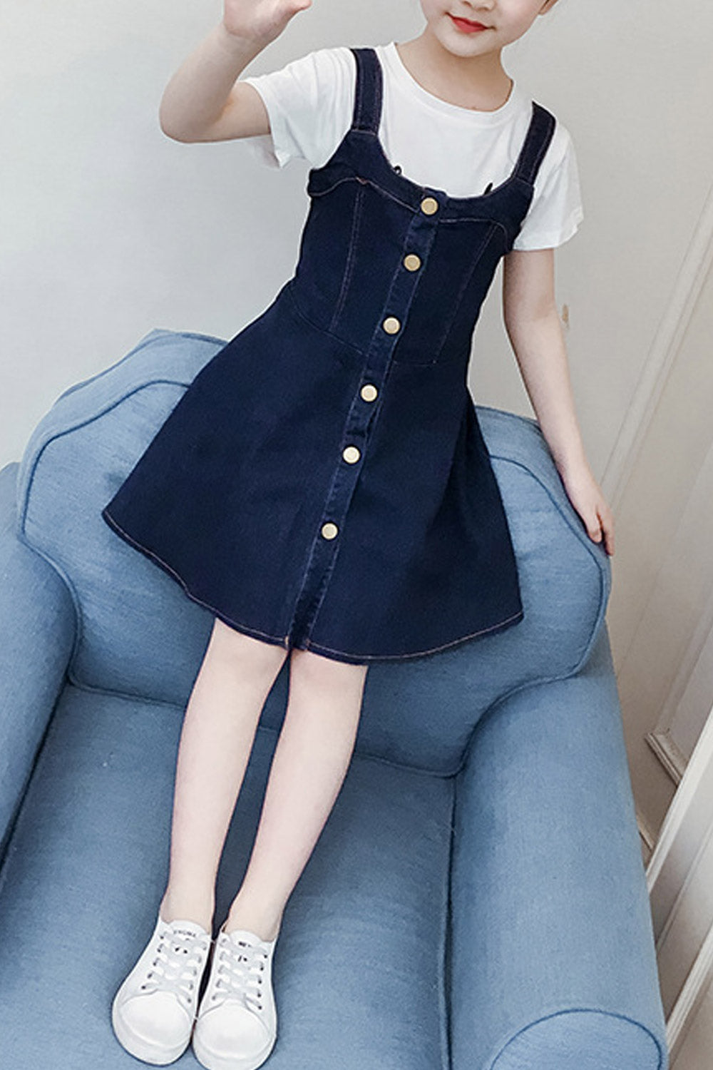 Kids Girls Round Button Down Skirt Casual Dress