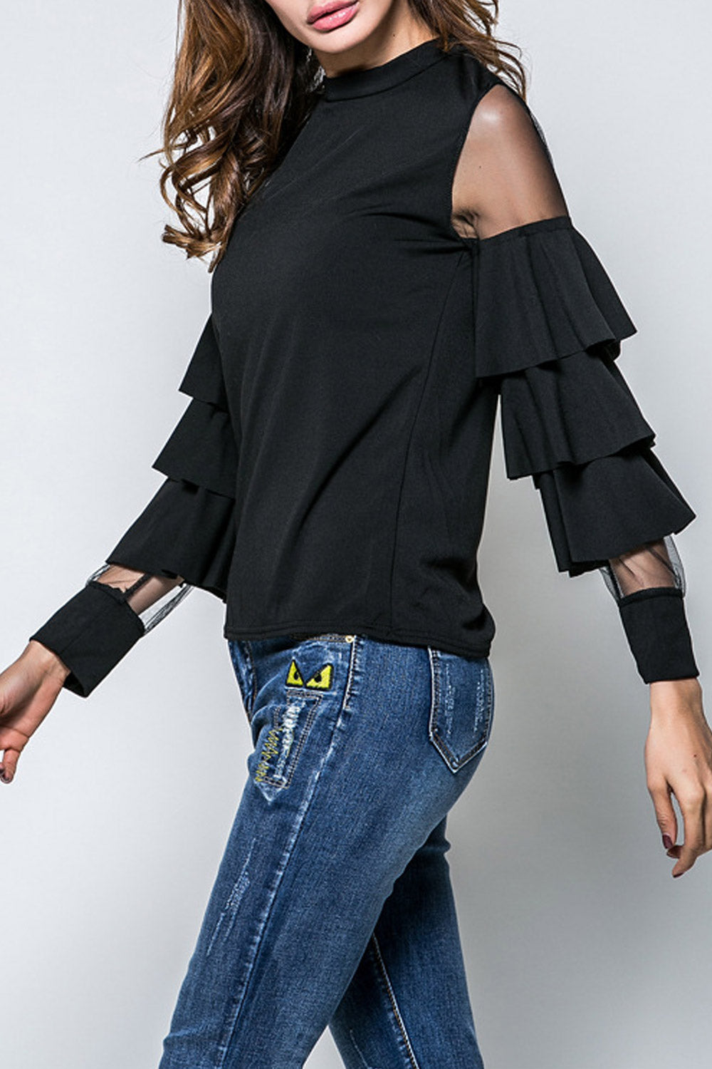 Women Slim Long Tumpet Sleeve Casual Top